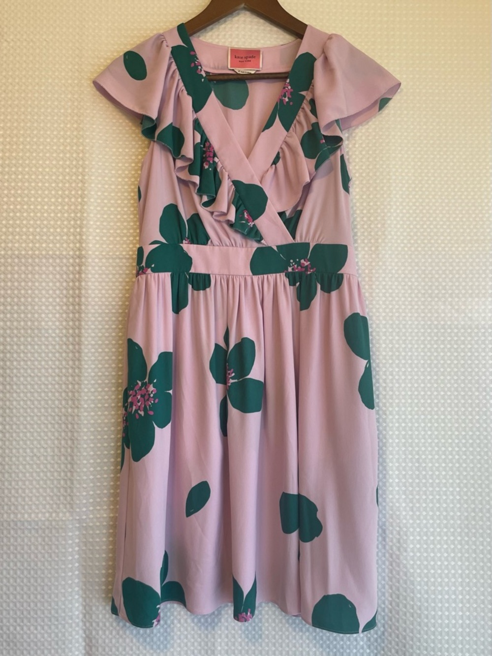 KATE SPADE Grand Flora Ruffle V-Neck Fit & Flare Dress Size 2 Lavender EUC #756